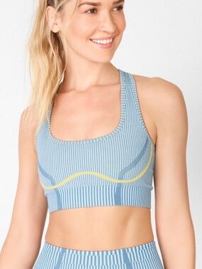 Fabletics Lena Seamless Sports Bra - Light Blue with Yellow Accent